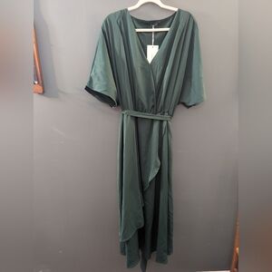 Bloomchic Elegant V-Neck Green Wrap Dress with Belt Women's Size 26 NWT
